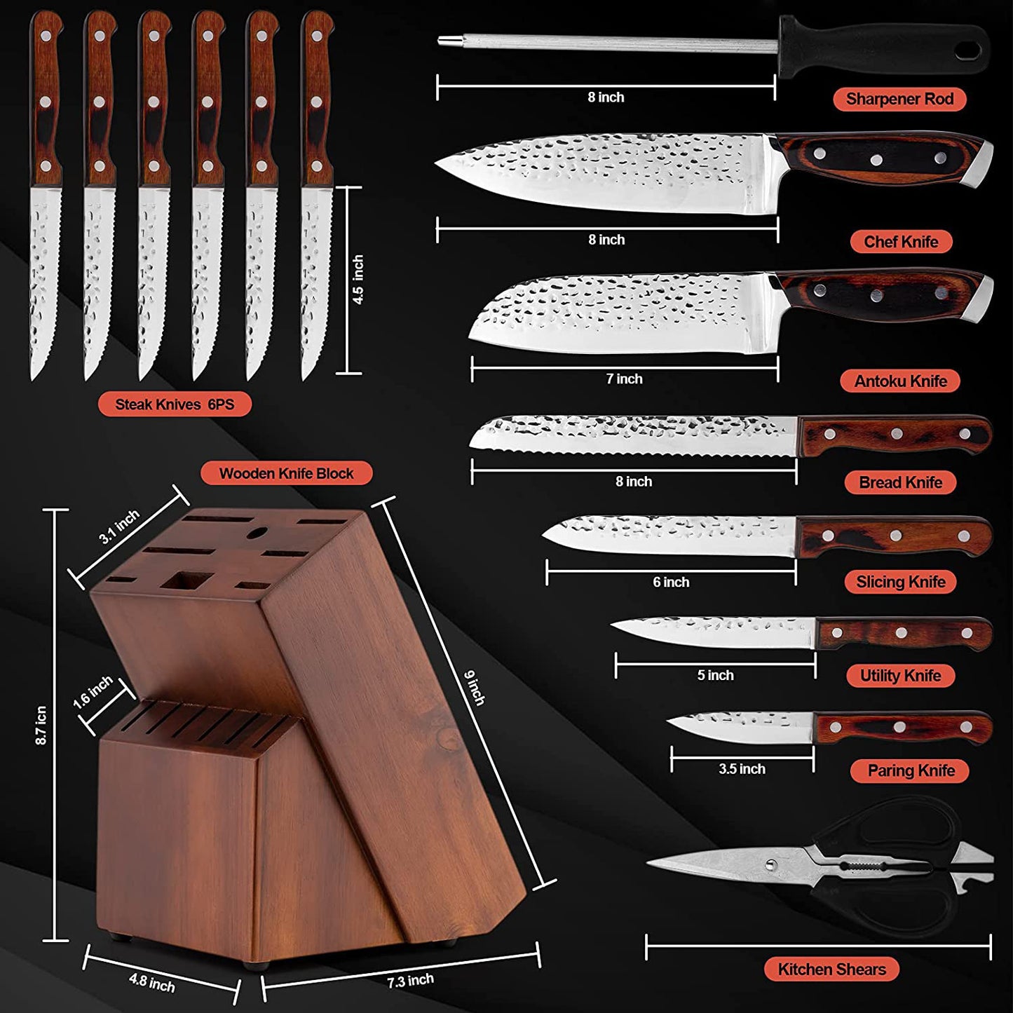 Set Of 15 Hammered And Forged Chef's Knives For Domestic Use
